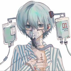 1girl alternate_hair_length alternate_hair_ornament alternate_hairstyle bandaged_neck bandages bandaid bandaid_on_face blue_hair character_name chinese_commentary commentary_request earphones grey_eyes hair_between_eyes hatsune_miku highres intravenous_drip long_sleeves looking_at_viewer oxygen_mask procreate_(medium) scar scar_on_chest shirt shiyu1057 short_hair simple_background solo sp;p stitched_torso stitches striped_clothes striped_shirt upper_body vertical-striped_clothes vertical-striped_shirt vocaloid white_background white_shirt