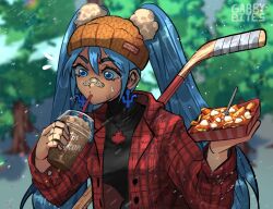 1girl artist_name bandaid bandaid_on_face bandaid_on_nose black_shirt blue_eyes blue_hair blurry blurry_background canada drink drinking drinking_straw earrings food gabbybites hatsune_miku highres hockey_stick holding holding_drink holding_food jewelry leaf long_hair maple_leaf necklace outdoors plaid_clothes plaid_shirt poutine red_shirt shirt snow solo tree twintails upper_body vocaloid worldwide_miku