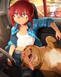2girls belt breasts car_crash car_interior closed_mouth commentary dog driving english_commentary glasses highres highway horns kanna_kamui khyle. kobayashi-san_chi_no_maidragon kobayashi_(maidragon) multiple_girls pants red_eyes red_hair shirt small_breasts steering_wheel twintails white_hair white_shirt