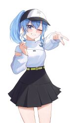 1girl ;d absurdres asymmetrical_sidelocks belt black_skirt blue_eyes blue_hair chrispy_tuna commentary detached_sleeves double-parted_bangs earrings english_commentary green_belt gyaru_v hair_between_eyes hat highres hololive hoshimachi_suisei hoshimachi_suisei_(11th_costume) jewelry long_sleeves looking_at_viewer medium_hair miniskirt official_alternate_costume one_eye_closed open_mouth outstretched_arm pleated_skirt ponytail ribbed_sleeves shirt shirt_tucked_in short_sleeves sidelocks simple_background skirt smile solo star_(symbol) star_earrings star_in_eye symbol_in_eye turtleneck two-tone_hat v virtual_youtuber white_background white_shirt