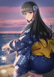 1girl absurdres amagami ass ayatsuji_tsukasa black_eyes black_hair blue_kimono blush closed_mouth earrings evening fie_nanoo fireworks floral_print flower from_behind hair_flower hair_ornament highres horizon japanese_clothes jewelry kimono lighthouse long_hair long_sleeves looking_at_viewer looking_back obi ocean outdoors print_kimono sash senkou_hanabi sky solo sparkler squatting straight_hair yukata
