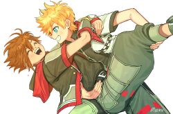 2boys absurdres blonde_hair blue_eyes blush carrying carrying_person clenched_teeth fingerless_gloves gloves highres holding hood hooded_coat kingdom_hearts laughing male_focus moomusapi multiple_boys open_mouth roxas short_hair smile sora_(kingdom_hearts) spiked_hair tearing_up tears teeth white_background