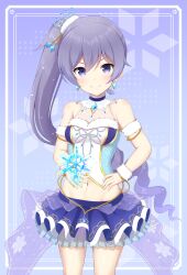 Rule 34 | 1girl, absurdres, argentum 2o, armband, armlet, bare shoulders, blue eyes, blue skirt, blush, breasts, choker, cleavage, closed mouth, commentary request, cowboy shot, crop top, earrings, hair between eyes, hair ornament, hand on own hip, hands on own hips, highres, jewelry, layered skirt, long hair, looking at viewer, medium breasts, midriff, navel, ongeki, ponytail, side ponytail, skirt, smile, solo, standing, takase rio, very long hair