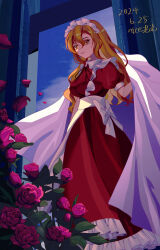 Rule 34 | 1girl, absurdres, apron, blonde hair, bow, breasts, dress, flower, frills, hair ornament, hat, highres, holding, long hair, maid, maid headdress, niceguangguang, puffy short sleeves, puffy sleeves, red dress, red flower, red rose, ribbon, rose, short sleeves, smile, solo, touhou, touhou (pc-98), yellow eyes, yumeko (touhou)