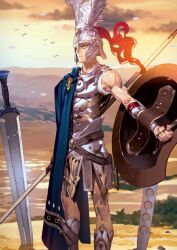 1boy arm_at_side armor armored_boots blue_cape boots bracer breastplate cape closed_mouth dark-skinned_male dark_skin fate/grand_order fate_(series) feet_out_of_frame game_cg greco-roman_clothes helmet holding holding_polearm holding_shield holding_weapon looking_at_viewer male_focus morii_shizuki official_art outdoors outstretched_arm planted planted_sword planted_weapon plume polearm ptolemy_(fate) ptolemy_(second_ascension)_(fate) shield side_cape single_bare_shoulder smile solo spear sword third-party_source toned toned_male variant_set weapon yellow_eyes