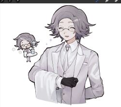 Rule 34 | 1boy, :d, aotsuki eito, arm behind back, art program in frame, black gloves, butler, chibi, chibi inset, closed eyes, collared shirt, commentary, cropped torso, cup, english commentary, facing viewer, glasses, gloves, grey hair, happy aura, highres, holding, holding plate, jacket, male focus, necktie, official alternate costume, open mouth, plate, poison, shirt, short hair, simple background, skull and crossbones, smile, the hundred line -last defense academy-, towel, towel on arm, upper body, vest, white background, white jacket, white necktie, white shirt, white vest, xin ci