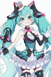 Rule 34 | 1girl, aqua eyes, aqua hair, asymmetrical legwear, bare shoulders, bow, bowtie, center frills, commentary request, cowboy shot, diamond facial mark, dress, facial mark, frilled dress, frills, g1gigi 0918, gloves, grin, hair between eyes, hair ornament, hat, hatsune miku, highres, holding, holding microphone, long hair, looking at viewer, magical mirai (vocaloid), magical mirai miku, magical mirai miku (2019), microphone, microphone wand, mini hat, mini top hat, mismatched legwear, open hand, pink bow, pom pom (clothes), sidelocks, simple background, sleeveless, sleeveless dress, smile, solo, sparkle, standing, star (symbol), star in eye, striped clothes, striped thighhighs, symbol in eye, teeth, thighhighs, top hat, twintails, vertical-striped clothes, vertical-striped thighhighs, very long hair, vocaloid, white background, white gloves, white hat, wrist cuffs