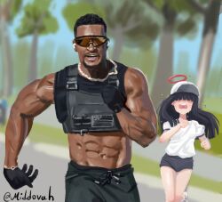 1boy 1girl abs artist_name ashton_hall&#039;s_morning_routine_(meme) black_gloves black_hair black_pants blue_archive blue_buruma blunt_bangs buruma chasing crop_top dark-skinned_male dark_skin fleeing gloves gold_necklace gym_shirt gym_uniform hair_over_eyes halo hat jewelry justice_task_force_member_(blue_archive) long_hair meme middovah muscular muscular_male necklace open_mouth outdoors pants real_life red_halo running shirt short_sleeves sunglasses very_dark_skin white_shirt