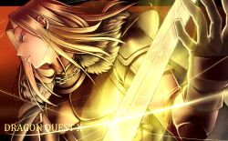 Rule 34 | 1boy, armor, black border, black gloves, border, brown hair, cape, commentary request, copyright name, covered pectorals, dragon quest, dragon quest x, floating hair, fur shawl, gloves, glowing, glowing sword, glowing weapon, gradient background, highres, holding, holding sword, holding weapon, kuro11 222, long hair, looking ahead, male focus, mature male, orange background, padre (dq10), parted hair, pectorals, profile, shawl, solo, sword, upper body, weapon