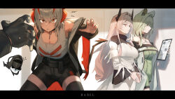 Rule 34 | 1other, 3girls, absurdres, animal ears, arknights, bare shoulders, black horns, black jacket, breasts, claw pose, cleavage, cleavage cutout, clipboard, closed mouth, clothing cutout, cowboy shot, doctor (arknights), dress, esnowg, flying sweatdrops, graph, green dress, green eyes, green hair, grey hair, grey tank top, hair between eyes, hair intakes, halterneck, highres, holding, holding clipboard, horns, jacket, jewelry, kal&#039;tsit (arknights), large breasts, letterboxed, light smile, long hair, long sleeves, looking ahead, looking at another, medium hair, multiple girls, multiple rings, off shoulder, orange eyes, own hands together, pink hair, ring, short hair, sleeveless, standing, steepled fingers, sweatdrop, tank top, theresa (arknights), triangle mouth, w (arknights), white dress