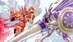 armor asymmetrical_dual_wielding battle buckler chaosdukemon clash dark_persona digimoji digimon digimon_(creature) digital_hazard double_blade dual_persona dual_wielding duel dukemon dukemon_crimson_mode eye_contact feathered_wings full_armor gold_armor gold_trim hand_up helmet holding holding_polearm holding_shield holding_sword holding_weapon honeycomb_(pattern) honeycomb_background knight lance looking_at_another multicolored_armor multiple_wings painting_(medium) plume polearm purple_armor purple_wings red_armor red_helmet shield sparks sword taragraphika traditional_media watercolor_(medium) weapon white_armor white_wings winged_helmet wings yellow_eyes
