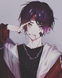 1boy bandaid bandaid_on_face black_nails black_shirt chain chain_necklace cigarette collarbone_piercing ear_piercing earrings eyelid_piercing face_piercing grey_background heterochromia highres hood hooded_jacket jacket jewelry male_focus necklace original parted_bangs parted_lips piercing pink_eyes purple_hair red_jacket ring shirt short_hair simple_background solo tobimarutobio9 yellow_eyes