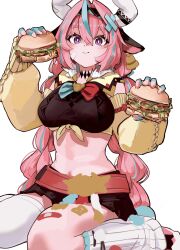 1girl air_kon animal_ears aqua_hair bandaid bandaid_on_cheek bandaid_on_face bandaid_on_leg bell blush braid breasts burger crop_top detached_sleeves ear_bell food food_on_face genshin_impact hair_between_eyes hair_intakes highres holding holding_burger holding_food horns large_breasts leg_warmers long_hair looking_at_viewer midriff multicolored_hair pink_hair purple_eyes simple_background single_thighhigh sitting skirt solo thighhighs twin_braids varesa_(genshin_impact) very_long_hair white_background white_leg_warmers
