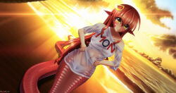 Rule 34 | 1girl, absurdres, artist name, beach, blacksaikou, blush, breasts, closed mouth, clothes writing, cloud, commentary, dutch angle, english commentary, full body, hair ornament, hairclip, highres, lamia, long hair, looking at viewer, medium breasts, miia (monster musume), monster girl, monster musume no iru nichijou, ocean, outdoors, pointy ears, red hair, scales, shirt, smile, solo, sun, sunset, variant set, water, wet, wet clothes, wet shirt, white shirt, yellow eyes