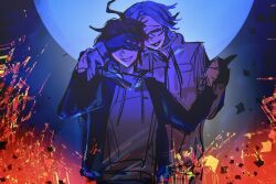 2boys aotsuki_eito blue_hair fire glasses hand_on_another&#039;s_face highres holding_hands hood hoodie male_focus moon multiple_boys open_mouth red_eyes red_hair simple_background smile sumino_takumi the_hundred_line_-last_defense_academy- upper_body