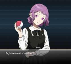 Rule 34 | 1girl, black dress, chainsaw man, dress, earrings, english text, fami (chainsaw man), fourth east high school uniform, highres, holding, holding poke ball, jewelry, kurohana14, long sleeves, looking at viewer, medium hair, nintendo, pinafore dress, poke ball, pokemon, purple eyes, purple hair, ringed eyes, school uniform, shirt, sleeveless, sleeveless dress, solo, white shirt