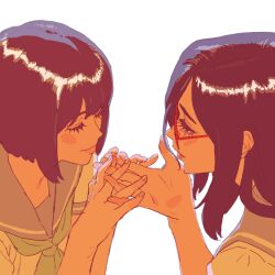 2girls 55bata6rou backlighting black_hair blue_sailor_collar closed_eyes closed_mouth eyelashes face-to-face from_side glasses green_neckerchief hands_up hibike!_euphonium highres holding_hands interlocked_fingers kitauji_high_school_uniform long_hair looking_at_another multiple_girls nakaseko_kaori neckerchief profile red-framed_eyewear sailor_collar school_uniform short_hair simple_background smile summer_uniform tanaka_asuka upper_body white_background