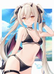 Rule 34 | 1girl, bikini, black bikini, black choker, black gloves, black horns, black ribbon, blonde hair, blue sky, blush, breasts, choker, closed mouth, cloud, collarbone, commentary request, cowboy shot, day, demon horns, demon wings, gloves, hair ribbon, hand up, highres, horns, kiri celea, long hair, looking at viewer, navel, orange eyes, original, outdoors, ribbon, sky, small breasts, smile, solo, swimsuit, thigh strap, twintails, wings