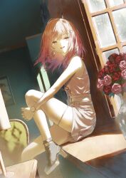 1girl commentary earrings fagi_(kakikaki) floating_hair flower gold_earrings hair_ornament hairclip hololive ichijou_ririka jewelry pink_flower pink_rose red_flower red_rose rose sleeveless solo virtual_youtuber watch wristwatch