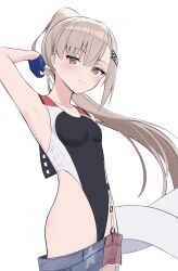 1girl absurdres alternate_hairstyle american_flag american_flag_print american_flag_skirt arm_up black_one-piece_swimsuit blue_gloves blush breasts denim denim_skirt flag_print gloves grey_eyes grey_hair hair_ornament highleg highleg_one-piece_swimsuit highres kantai_collection l_meet long_hair looking_at_viewer one-piece_swimsuit ponytail print_skirt scarf simple_background skirt small_breasts smile solo super_highleg swimsuit two-tone_one-piece_swimsuit wahoo_(kancolle) white_background white_scarf