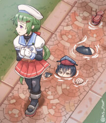 2girls ass black_pantyhose blue_sailor_collar gloves green_hair hat highres i-13_(kancolle) kantai_collection layered_sleeves long_hair long_sleeves low_ponytail multiple_girls nonsense noumi_(kancolle) nwr one-hour_drawing_challenge pantyhose partially_submerged pleated_skirt ponytail purple_eyes red_skirt road sailor_collar sailor_hat sailor_shirt school_uniform serafuku shirt short_over_long_sleeves short_sleeves skirt swimming twitter_username undershirt white_gloves white_shirt
