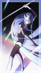 1girl absurdres black_hair black_necktie black_shorts black_thighhighs blue_hair breasts brown_eyes closed_mouth collared_shirt commentary_request curled_horns demon_girl demon_horns earrings feet_out_of_frame gem_uniform_(houseki_no_kuni) grey_horns hair_between_eyes hebiyoi_tier highres holding holding_sword holding_weapon horns houseki_no_kuni jewelry katana long_bangs long_hair looking_afar medium_breasts multicolored_hair nanashi_inc. necktie none_(fan_774) pointy_ears rainbow shirt short_shorts shorts sidelocks solo sword thighhighs two-tone_hair very_long_hair virtual_youtuber weapon white_shirt