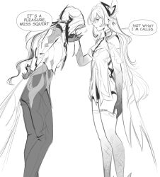 2girls arlecchino_(genshin_impact) arm_behind_back colored_extremities commentary english_text genshin_impact greyscale highres kiss kissing_hand long_hair meme monochrome multiple_girls not_what_i&#039;m_called_(meme) pants seijousai signature skirk_(genshin_impact) symbol-only_commentary very_long_hair