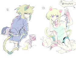 1boy animal_ears bandages barefoot before_and_after belt black_boots black_jacket black_pants blonde_hair blue_shorts boots can canned_food cat_boy cat_ears cat_tail crossed_legs dirty earbuds earphones from_behind holding jacket kemonomimi_mode km_(ksolee1201) lio_fotia looking_back male_focus pants playing promare purple_eyes short_hair shorts sidelocks simple_background sitting solo squatting tail toilet_paper translated trap v-shaped_eyebrows white_background white_belt