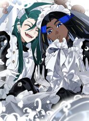 Rule 34 | 2girls, :d, ahoge, alternate costume, apron, black dress, black hair, blue eyes, blurry, bow, bowtie, closed eyes, dark-skinned female, dark skin, dress, earrings, enmaided, geeta (pokemon), geetasdog, gloves, green hair, highres, jewelry, long hair, looking down, maid, maid headdress, multiple girls, nintendo, open mouth, paldean wooper, parted lips, pokemon, pokemon (creature), pokemon sv, rika (pokemon), smile, teeth, tongue, white apron, white bow, white bowtie, white gloves