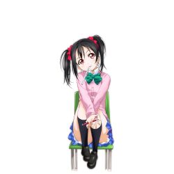 1girl anime_coloring bendy_straw black_hair black_shoes black_socks blue_skirt bow bowtie cardigan chair collared_shirt convenient_censoring convenient_leg diagonal-striped_bow diagonal-striped_bowtie diagonal-striped_clothes dress_shirt drink drinking_straw full_body green_bow green_bowtie hair_bow head_tilt holding holding_pen kneehighs loafers long_sleeves love_live! love_live!_school_idol_festival love_live!_school_idol_project miniskirt mouth_hold nishida_asako official_art on_chair otonokizaka_school_uniform own_hands_together pen petticoat pink_cardigan plaid_clothes plaid_skirt pleated_skirt red_bow red_eyes school_uniform shirt shoes sitting skirt socks solo striped_clothes summer_uniform thighhighs transparent_background twintails white_shirt yazawa_nico