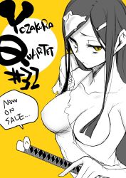1girl breasts closed_mouth dolphin_hair_ornament hair_censor highres holding holding_sword holding_weapon katana kujouin_iruka long_hair looking_at_viewer official_art solo spot_color sword weapon yasuda_suzuhito yellow_eyes yozakura_quartet
