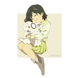 1girl black_hair closed_eyes cuddling dated dennou_coil densuke_(dennou_coil) eyewear_on_head full_body glasses hug okonogi_yuuko pleated_skirt pskymd round_eyewear simple_background sitting sitting_on_lap sitting_on_person skirt smile