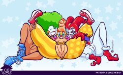 3girls afro anus arms_(game) artist_name ass baggy_pants blue_eyes bottomless breasts breasts_out castle_crashers chrono_cross clown clown_nose clown_princess colored_skin dark-skinned_female dark_skin earrings fat_mons gloves green_hair harle_(chrono_cross) hat highres jester_cap jewelry legs_up lola_pop mask medium_breasts multicolored_hair multiple_girls nintendo nipples pale_skin pants presenting pubic_hair pussy smile spread_legs thick_thighs thighs torn_clothes zaribot