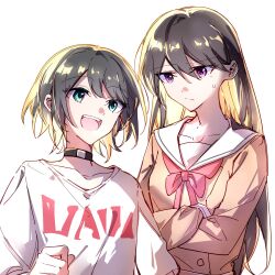 2girls aged_down bang_dream! bang_dream!_it&#039;s_mygo!!!!! black_choker black_hair blue_eyes bow bowtie choker crossed_arms hair_between_eyes hanasakigawa_school_uniform hibioes highres long_hair long_sleeves mole mole_under_eye multiple_girls open_mouth purple_eyes red_bow red_bowtie sailor_collar school_uniform shiina_taki shirt short_hair simple_background sweatdrop teeth time_paradox upper_teeth_only white_background white_sailor_collar white_shirt yahata_umiri