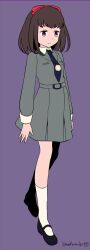 1girl brown_eyes brown_hair closed_mouth do_m_kaeru flat_color full_body hair_ribbon jewelry mole mole_under_mouth necklace necktie persona persona_1 ribbon school_uniform short_hair simple_background skirt socks solo sonomura_maki st._hermelin_school_uniform twitter_username