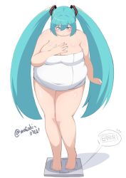 Rule 34 | 1girl, aqua eyes, aqua hair, aqua nails, aqua toenails, belly, blush, breasts, cleavage, covered navel, fat, fat woman, hair ornament, hand on own chest, hatsune miku, highres, large breasts, long hair, long twintails, looking down, masakin, naked towel, obese, solo, standing, thick thighs, thighs, towel, towel around waist, twintails, twitter username, very long hair, vocaloid, weighing scale, weight conscious, white background