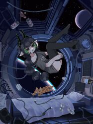 1boy 1girl ahoge bed black_hair black_shirt black_socks blanket cat cd cord elfinpsyop floating highres horns indie_virtual_youtuber loli long_hair long_socks mechanical_horns mliko444 orange_cat pillow shirt socks space speaker trollface twintails virtual_youtuber white_blanket white_pilow