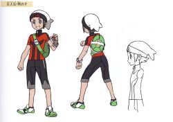Rule 34 | 1boy, beanie, brendan (pokemon), brown hair, concept art, green bag, hat, holding, holding poke ball, male focus, mega ring, nintendo, official art, poke ball, poke ball (basic), pokemon, pokemon oras, shirt, short hair, short sleeves, shorts, smile, white hat