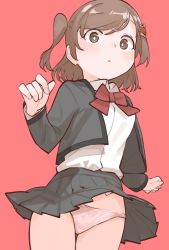 1girl aijou_karen blush bow bowtie breasts bright_pupils brown_eyes brown_hair clothes_lift collared_shirt cowboy_shot crown_hair_ornament dress_shirt dutch_angle from_below goe_(g-o-e) grey_jacket grey_skirt hair_ornament hand_up highres jacket long_sleeves looking_at_viewer looking_down medium_breasts miniskirt one_side_up open_clothes open_jacket panties pantyshot parted_lips pink_panties pleated_skirt red_background red_bow red_bowtie school_uniform seishou_music_academy_uniform shirt shirt_tucked_in short_hair shoujo_kageki_revue_starlight simple_background skirt skirt_lift solo standing swept_bangs underwear white_pupils white_shirt wide-eyed wind wind_lift