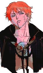 Rule 34 | 1boy, black jacket, blood, blood from mouth, collarbone, collared jacket, commentary request, cropped torso, highres, impaled, injury, jacket, korean commentary, looking to the side, male focus, naruto (series), naruto shippuuden, open clothes, open jacket, orange hair, sasori (naruto), sideways glance, simple background, solo, syag 2, white background