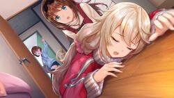 3girls bag bags_under_eyes black_thighhighs blonde_hair blue_eyes blue_hoodie blue_shorts bob_cut brown_hair chest_of_drawers closed_eyes d: door dress game_cg hair_ornament hair_scrunchie hairclip holding holding_bag hood hoodie indoors jacket jewelry long_hair long_sleeves looking_at_another low_ponytail lying mugendo_saki multiple_girls necklace non-web_source official_art on_stomach open_door open_mouth opening_door otori_ai pinafore_dress pink_scrunchie ponytail raised_inner_eyebrows red_dress red_jacket scrunchie short_hair short_shorts shorts sleeveless sleeveless_dress sweater thighhighs track_jacket turtleneck turtleneck_sweater u_u very_long_hair white_sweater yanagiya_kokoro yumeutsutsu_re:master