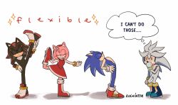 Rule 34 | amy rose, black fur, black hair, blue fur, blue hair, blush, boots, closed eyes, dress, flexible, gloves, grey fur, grey hair, hedgehog, highres, kuchintta, pink fur, pink hair, sega, shadow the hedgehog, shoes, silver the hedgehog, sonic (series), sonic the hedgehog, stretching, tears