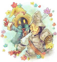 2boys adelbert_steiner armor arms_up black_mage_(final_fantasy) black_skin blue_coat blue_flower blush boots brown_boots brown_gloves closed_eyes closed_mouth coat colored_skin commentary_request final_fantasy final_fantasy_ix finger_to_own_nose flower gloves hat helmet male_focus multiple_boys purple_flower quichi_91 red_flower upper_body vivi_ornitier white_gloves wizard_hat yellow_eyes yellow_flower