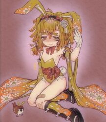 1boy agatsuma_zenitsu animal_ear_hairband animal_ears bandaid bandaid_on_knee bandaid_on_leg bird blonde_hair blush bow commentary crossdressing english_commentary fake_animal_ears fake_tail flower gh0sttnacht gloves hairband highres kimetsu_no_yaiba leotard male_focus male_playboy_bunny pale_skin rabbit_ear_hairband rabbit_ears rabbit_tail red_background simple_background sitting solo sweat tail trap white_gloves yellow_leotard