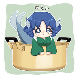 1girl :&lt; bebeneko blue_eyes blue_hair blush breasts chibi chibi_only closed_mouth commentary cooking_pot drill_hair english_commentary fins full_body green_background green_kimono head_fins in_container in_pot japanese_clothes kimono long_sleeves looking_at_viewer medium_breasts mermaid monster_girl short_hair solo touhou twin_drills two-tone_background wakasagihime white_background