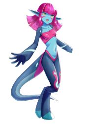 1girl blue_skin breasts colored_skin duna_(fossil_fighters) fossil_fighters full_body highres looking_at_viewer medium_hair navel open_mouth pink_hair pointy_ears romlow small_breasts solo yellow_eyes