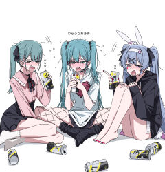 3girls :d absurdres alcohol animal_ears bare_legs barefoot black_hoodie black_socks blue_hair blush butterfly_sitting can channel_(caststation) commentary creator_connection crying d: drinking drunk duplicate ear_piercing fake_animal_ears fang fanged_bangs fishnets hatsune_miku highres hood hoodie knees_up laughing miniskirt multiple_girls multiple_persona nail_polish open_mouth piercing pink_shirt pixel-perfect_duplicate rabbit_hole_(vocaloid) red_nails sad_girl_sex_(vocaloid) shirt sitting skirt smile socks songover streaming_tears tears teeth toenail_polish toenails translated twintails upper_teeth_only vampire_(vocaloid) vocaloid white_background white_socks yokozuwari