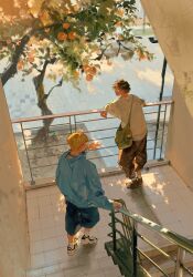 2boys absurdres against_railing ahoge amo_(amo_0514) ankle_socks arm_rest bag bag_charm baggy_pants blonde_hair blue_jacket blue_pants brown_hair brown_pants brown_shoes capri_pants charm_(object) closed_mouth commentary_request dappled_sunlight day food from_above from_behind fruit full_body glasses glint green_bag hand_on_railing hand_up handrail headphones headphones_around_neck highres jacket jewelry leaning_forward long_sleeves looking_at_another looking_back male_focus messenger_bag multiple_boys on_stairs original outdoors pants parted_bangs pavement persimmon persimmon_tree railing ring shadow shirt shoes short_hair shoulder_bag sneakers socks stairs standing sunlight tile_floor tiles tree tree_shade turning_head walking white_shirt white_socks