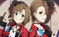 Rule 34 | 2girls, aqua eyes, black choker, blue nails, blush, brown hair, choker, collared jacket, dated, ear piercing, earrings, emu (emum), feathers, flower, green eyes, grin, hair between eyes, hand up, hat, highres, idolmaster, idolmaster cinderella girls, jacket, jewelry, kimura natsuki, looking at viewer, mini hat, multiple girls, nail polish, open clothes, open jacket, open mouth, piercing, plaid hat, red flower, red jacket, red rose, rose, short hair, smile, stud earrings, tada riina, upper body, v, yellow nails