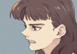 1girl brown_hair clenched_teeth close-up commentary_request from_side glaring green_eyes grey_background long_hair original portrait profile shiratama_(hockey) simple_background solo teeth